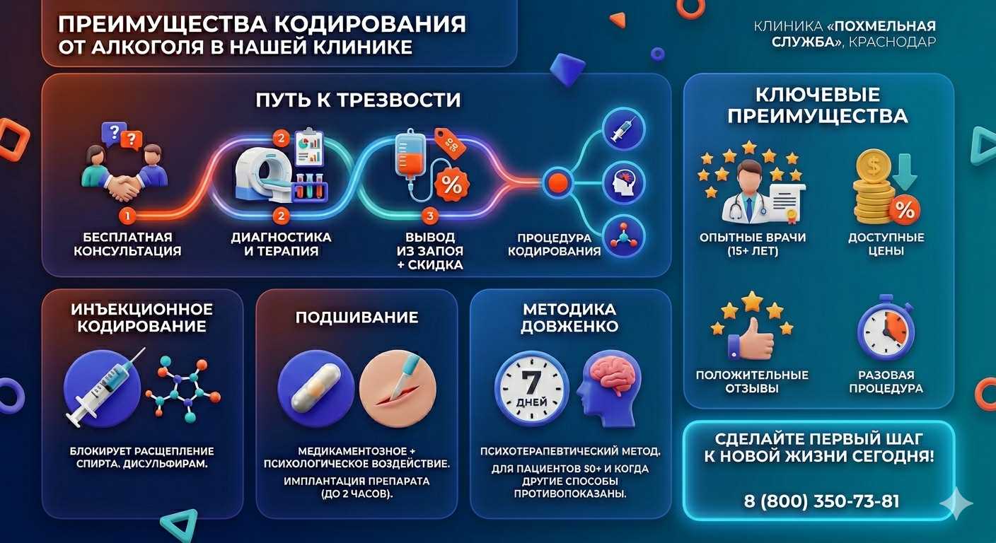 Инфографика о методах кодирования от алкоголя в Острове: инъекции, подшивание, метод Довженко. Преимущества клиники и этапы лечения.